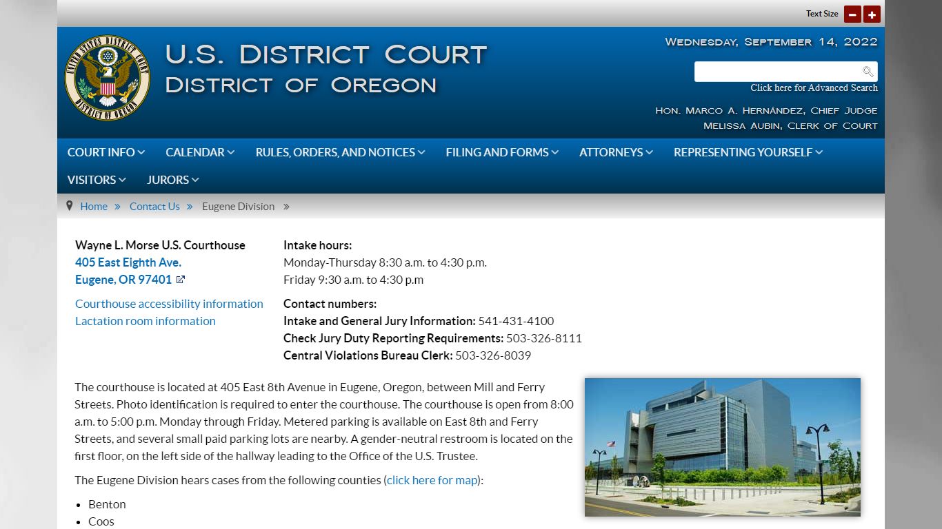 Eugene Courthouse - United States District Court for the District of Oregon